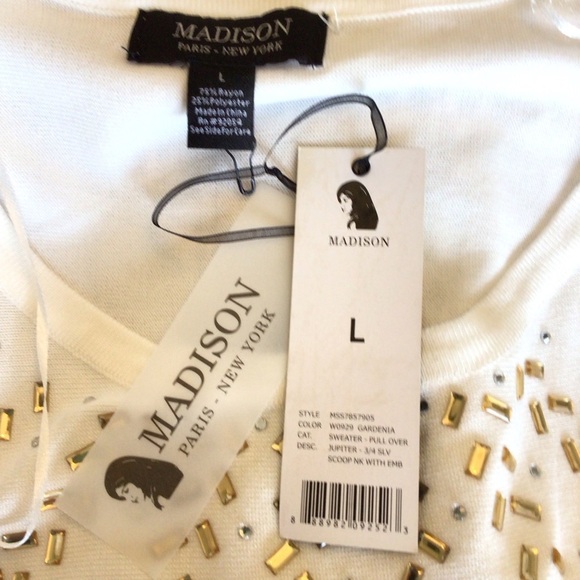 Madison Womens Jupiter White 3/4 Sleeve Embellished Pullover Sweater Size Large - Picture 6 of 6